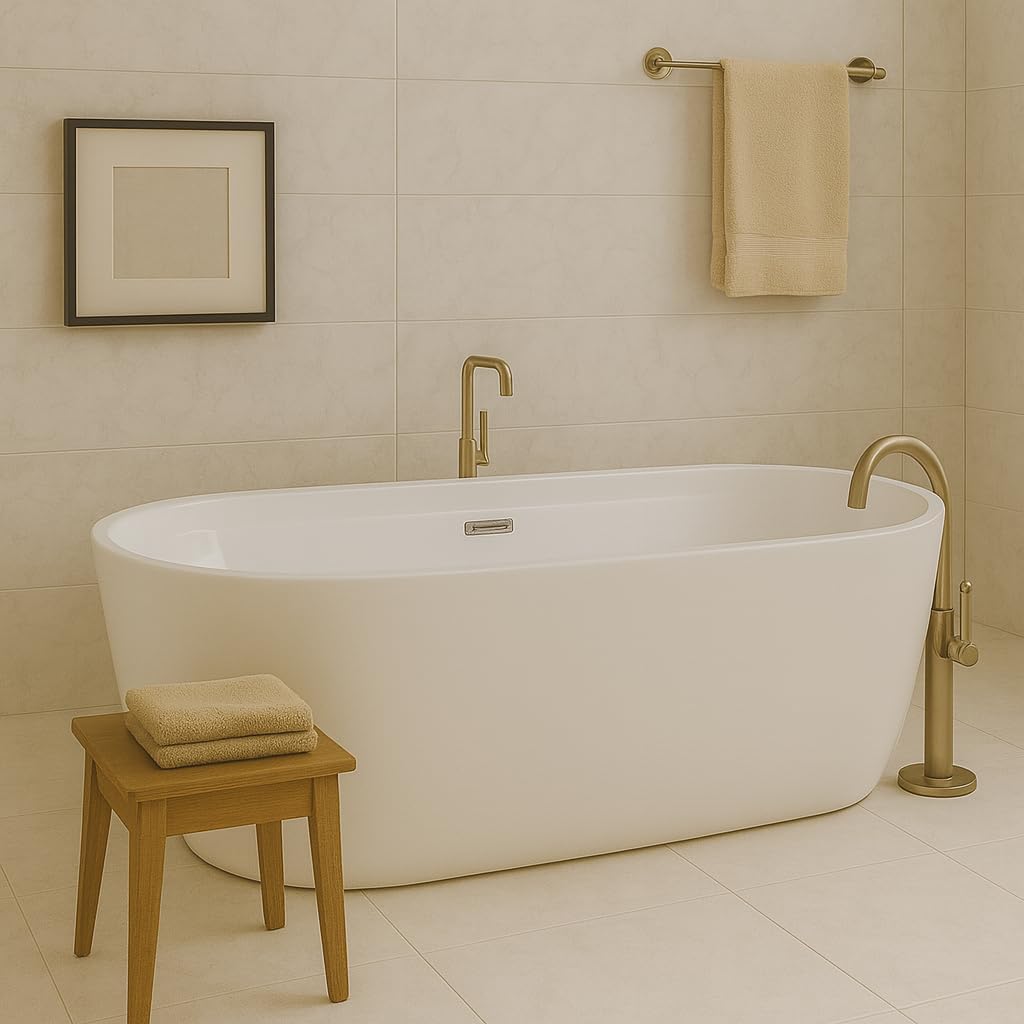 Carver Tubs - Graceful 59'- Freestanding Bathtub With White LED Light - 59″L x29'W x 23'H - Modern Contemporary Oval Tub - Chrome Center Drain