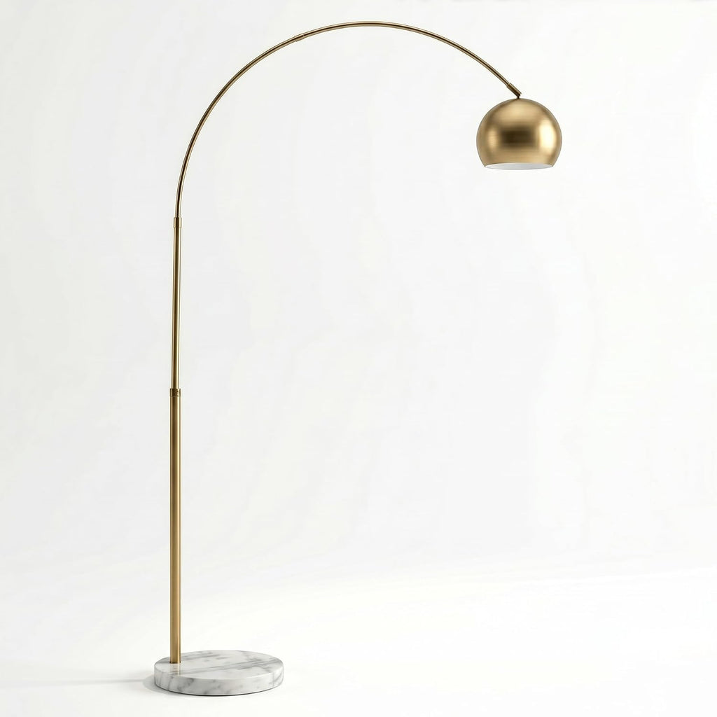 Brightech Olivia Floor Lamp - Chic Arc Lamp with Rounded Spolight Head and Marble Base for Living Room, Tall Standing Lamp with LED Light Bulb for Bedroom Reading, Boho Home Decor for Office - Brass