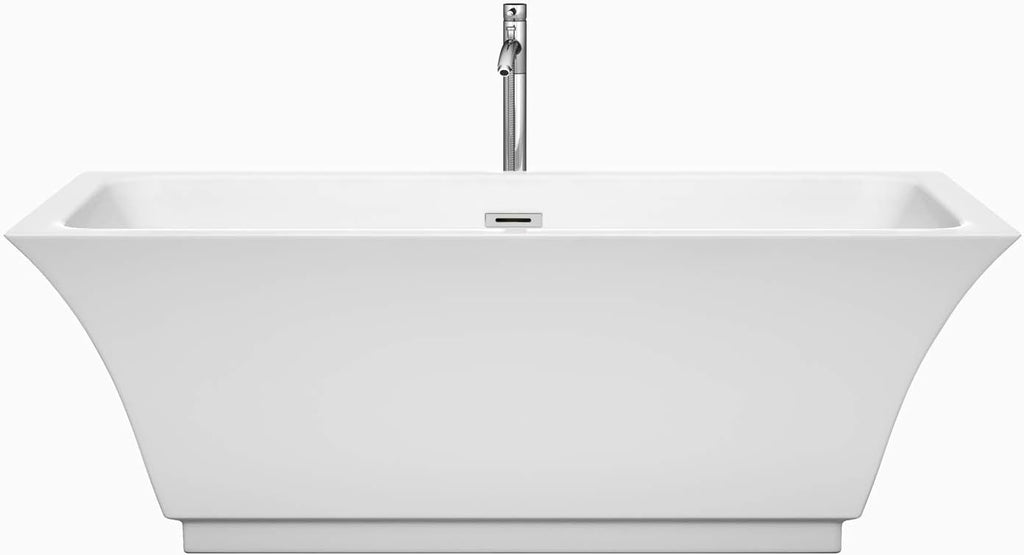 Wyndham Collection Galina 67 inch Freestanding Bathtub for Bathroom in White with Floor Mounted Faucet, Drain and Overflow Trim in Polished Chrome