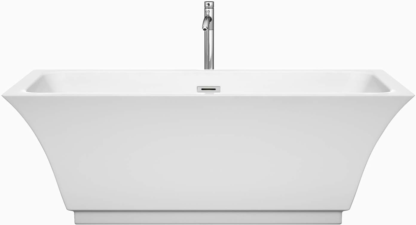 Wyndham Collection Galina 67 inch Freestanding Bathtub for Bathroom in White with Floor Mounted Faucet, Drain and Overflow Trim in Polished Chrome
