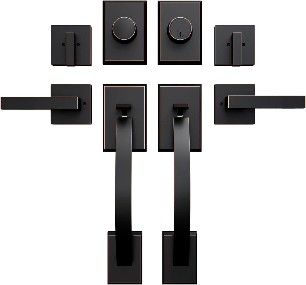 Door Handle Sets Double Front Door Handle Set with Handle Lever Oil-Rubbed Bronze Double Door Handleset with Dummy Front Door Lock Set Double Door Handles for Front Door or Office Door
