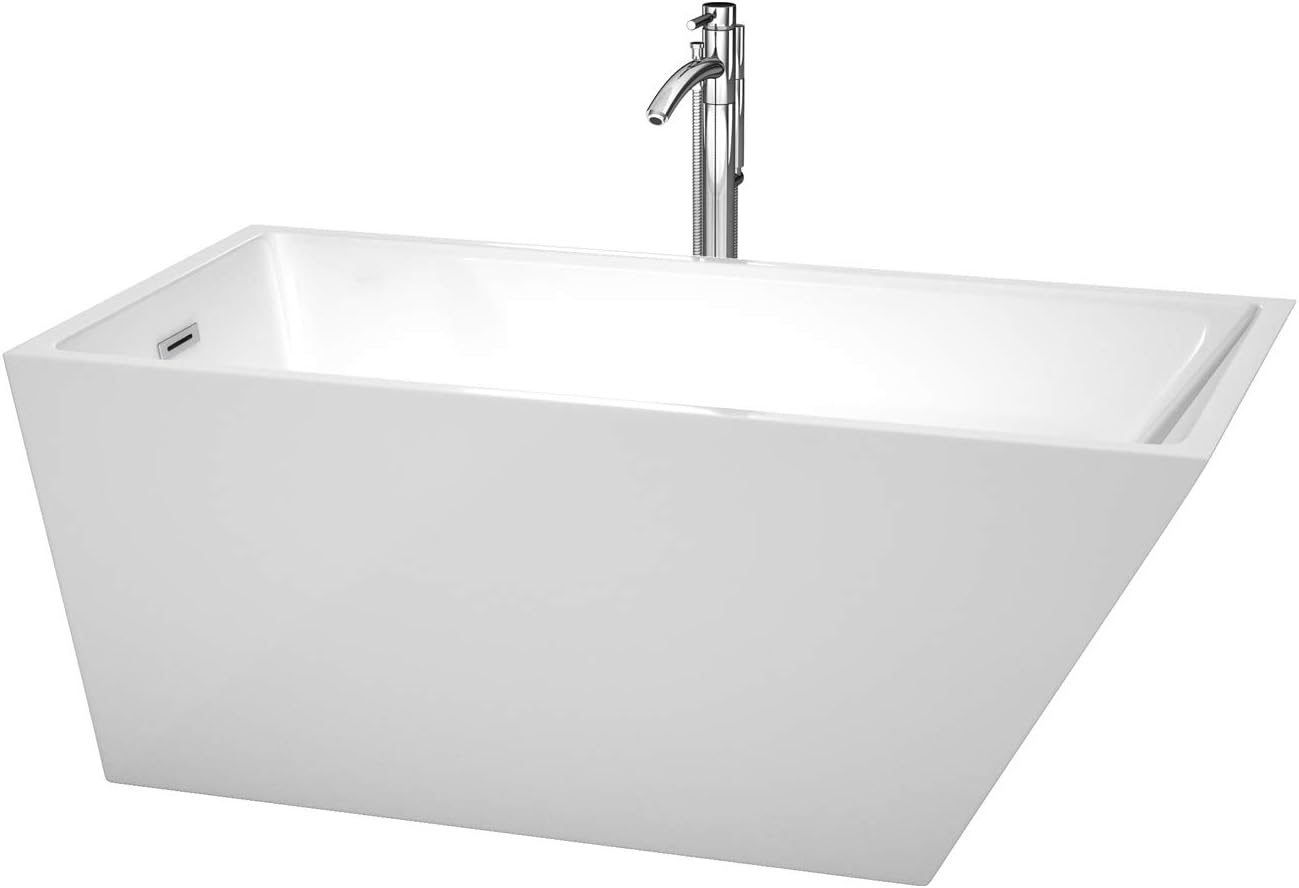 Wyndham Collection Hannah 59 inch Freestanding Bathtub for Bathroom in White with Floor Mounted Faucet, Drain and Overflow Trim in Polished Chrome