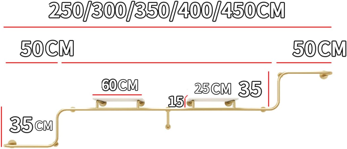 Boutique Retail Garment Rack,Modern Industrial Pipe Wall Mounted Garment Rack,Heavy Duty Multi-Purpose Hanging Bar with Shelves,Gold Closet Organizer System(L 400cm