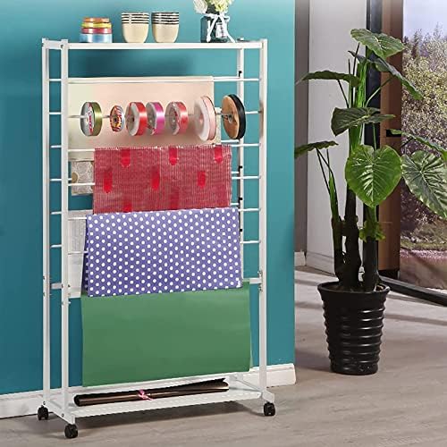 7 Tier Double-Sided Display Holder for Flower Shop Rolling Wrapping Paper/Ribbons Rack Stand Metal Uprigth Scarf Storage Organizer with Wheels Wall Mounted (White