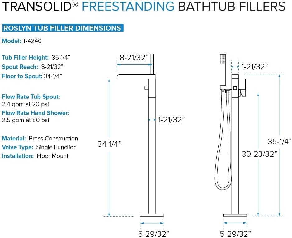 Transolid Skylar Freestanding Oval Soaking Bathtub Kit 59 in. x 31 in. Gloss White with Peyton T4240-MB Matte Black Floor-Mount Faucet, Color-Matched EZ-Click Center Drain and Bath Pillow