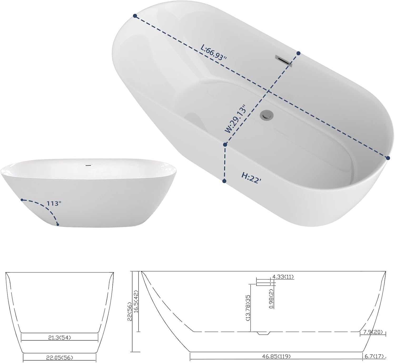 Sarlai 67 Inch Acrylic Freestanding Soaking Bathtub Contemporary Soaking White Tub Stand Alone Ergonomic Bathtub with Chrome Drain and Overflow