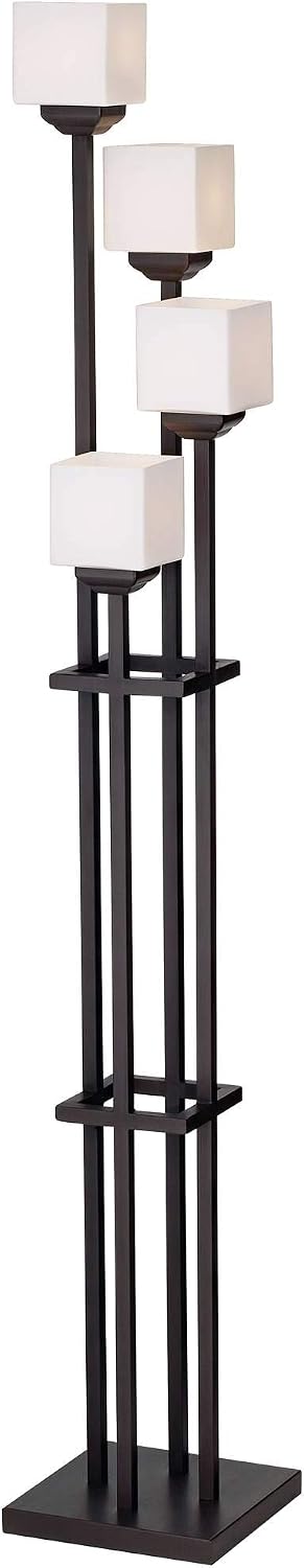 Franklin Iron Works Light Tree Rustic Farmhouse Torchiere Floor Lamp Standing 72 1/2' Tall Bronze Iron 4-Light Square-Sided White Glass Shades Living Room Reading Bedroom Office House Home Decor