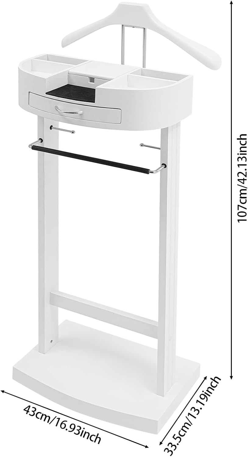 Suit Valet Stand White, Freestanding Clothes Rack with Velvet-Lined Drawer & Compartments, 66lbs Capacity, for Bedroom Hotel Entryway