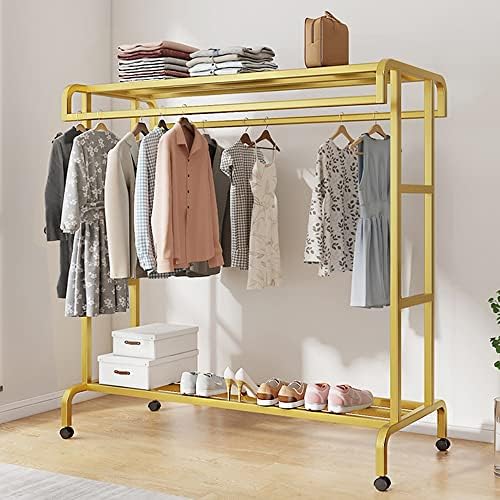 Mobile Garment Rack with Double-Rail & 2 Shelves, Heavy-Duty Clothes Rack on Wheels, 150kg Capacity, Ideal for Bedroom & Hallway Storage Solutions