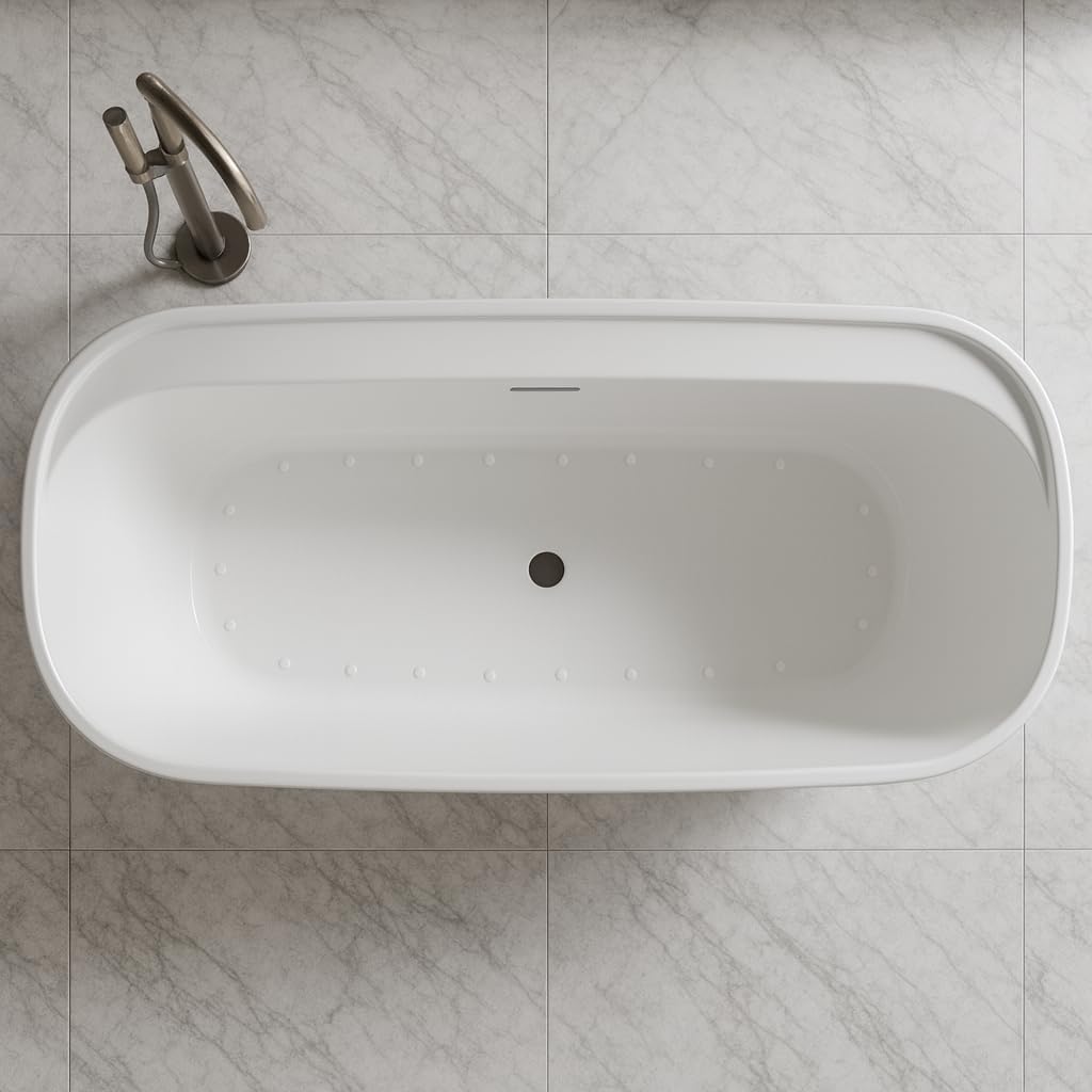 Carver Tubs - Graceful 59'- Freestanding Bathtub w/Heated Jetted Air Massage - Modern White Classic Contemporary Oval Acrylic Tub - Chrome Center Drain - Deep Relaxing Soak - 59″L x29'W x 23'H