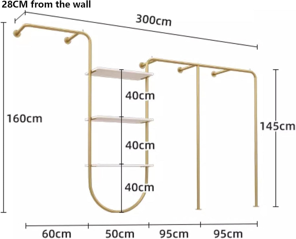 Wall Mounted Clothes Rack With Shelves, Heavy Duty Rods Retail Store Clothing Garment Rack, Storage Clothes Shoe Bag Pipe Shelf, Clothing Store Display Stands Garment Rack ( Size : 300*28*160cm )