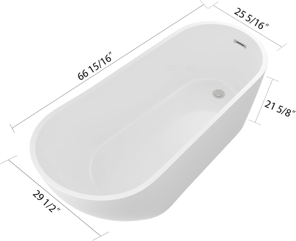Logmey 67 Inch White Acrylic Freestanding Bathtub Oval Shape Soaking Tub with Chrome Drain & Overflow Assembly for Classic and Modern Bathrooms