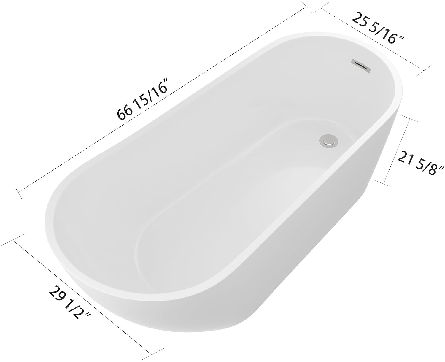 Logmey 67 Inch White Acrylic Freestanding Bathtub Oval Shape Soaking Tub with Chrome Drain & Overflow Assembly for Classic and Modern Bathrooms
