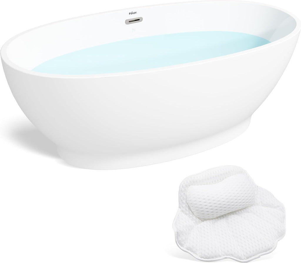 FerdY Koh Samui 65' Acrylic Freestanding Bathtub with Headrest, Oval Contemporary Soaking Bathtub, Glossy White, cUPC Certified, Toe-Tap Chrome Drain & Overflow & Bath Pillow Assembly Included