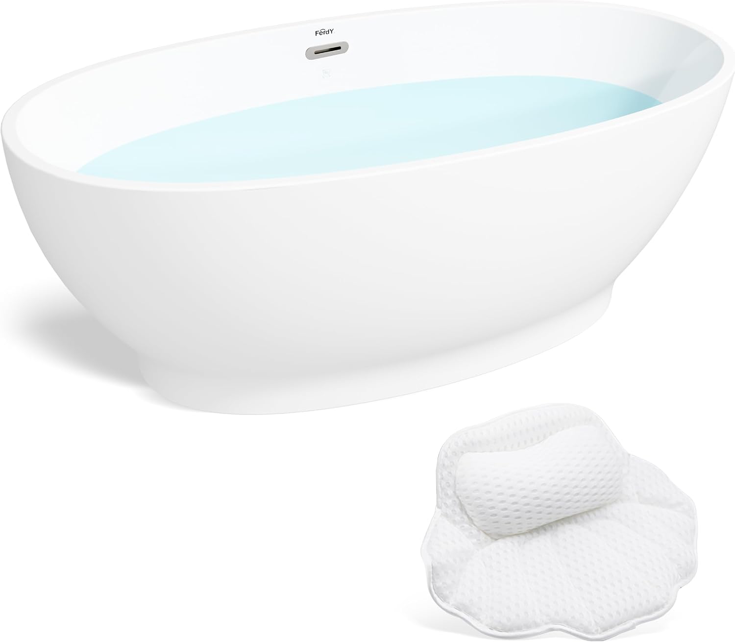 FerdY Koh Samui 65' Acrylic Freestanding Bathtub with Headrest, Oval Contemporary Soaking Bathtub, Glossy White, cUPC Certified, Toe-Tap Chrome Drain & Overflow & Bath Pillow Assembly Included