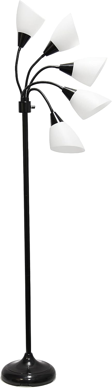 Simple Designs LF2006-BAW 67' Contemporary Multi Head Medusa 5 Light Adjustable Gooseneck Black Floor Lamp with White Shades for Kids Bedroom Playroom Living Room Office (Pack of 2)