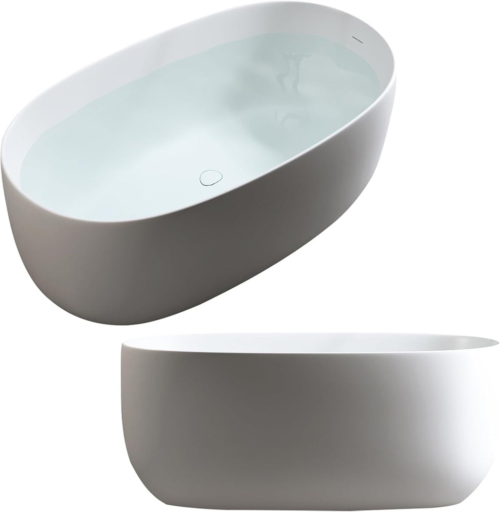 Deep Soaking Bath Tub 47' Freestanding Solid Surface Resin Stone Bathtub Modern Stand Alone Tub with Pop-Up Drainage and Overflow Pipes for Small Space, Matte White