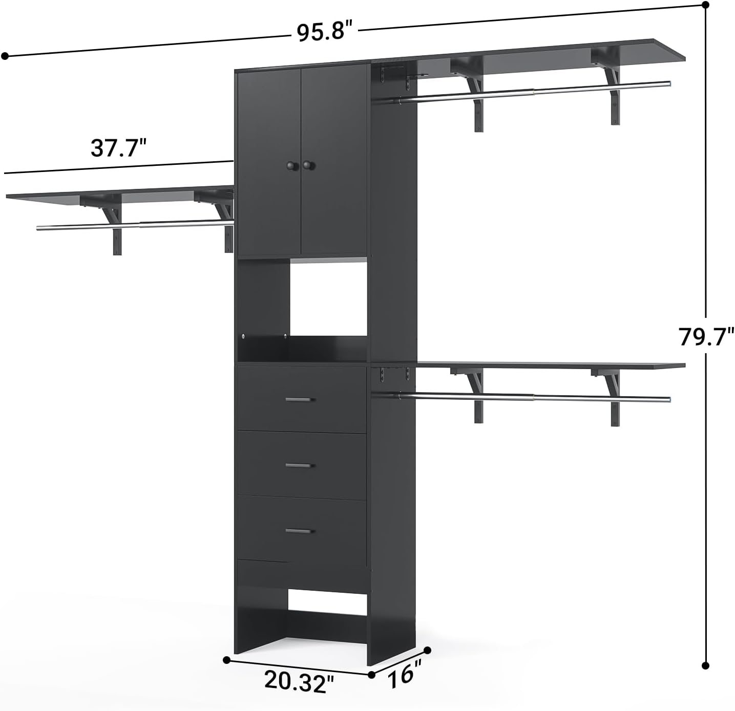 Armocity 96 Inches Closet System with Doors, 8FT Walk In Closet Organizer with 3 Shelving Towers, Heavy Duty Clothes Garment Rack with 3 Wood Drawers, 96' L x 16' W x 80' H, Max Load 1000 LBS, Black