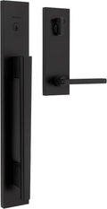Kwikset Caerus Front Door Lock Handle and Deadbolt Set, Entry Handleset Exterior with Interior Lever, Matte Black, SmartKey Re-Key Security, with KwikSlide, Door Handle Backplate Full Escutcheon