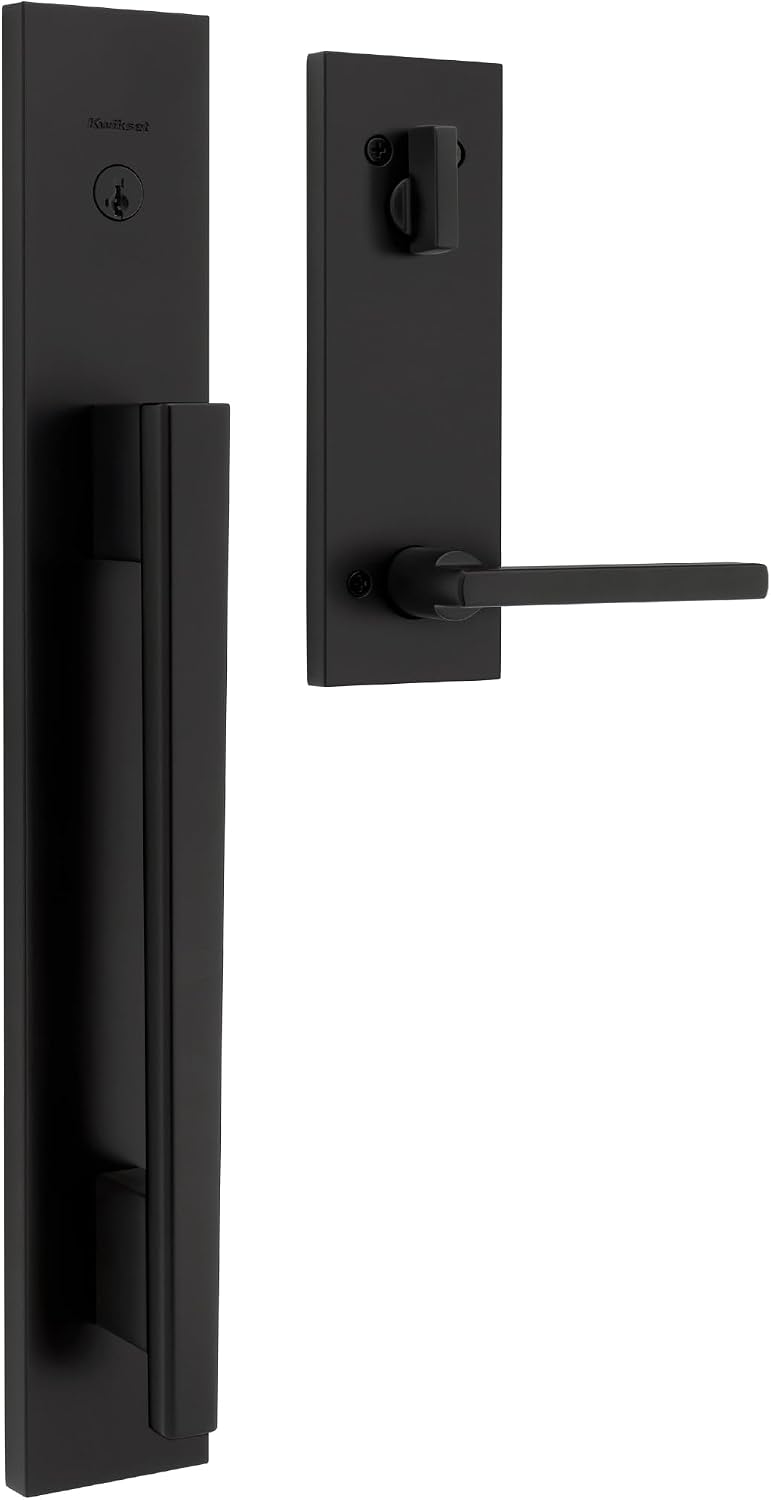 Kwikset Caerus Front Door Lock Handle and Deadbolt Set, Entry Handleset Exterior with Interior Lever, Matte Black, SmartKey Re-Key Security, with KwikSlide, Door Handle Backplate Full Escutcheon