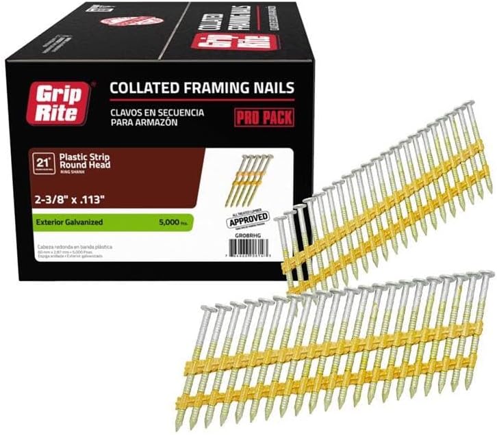 Grip-Rite 21 Degree Framing Nails - Exterior Galvanized Nails for Wood-To-Wood Framing Projects - Plastic Strip Collated Fastener - Round Head - Ring Shank - 2-3/8' x .113' - 5000 Count - GR08RHG