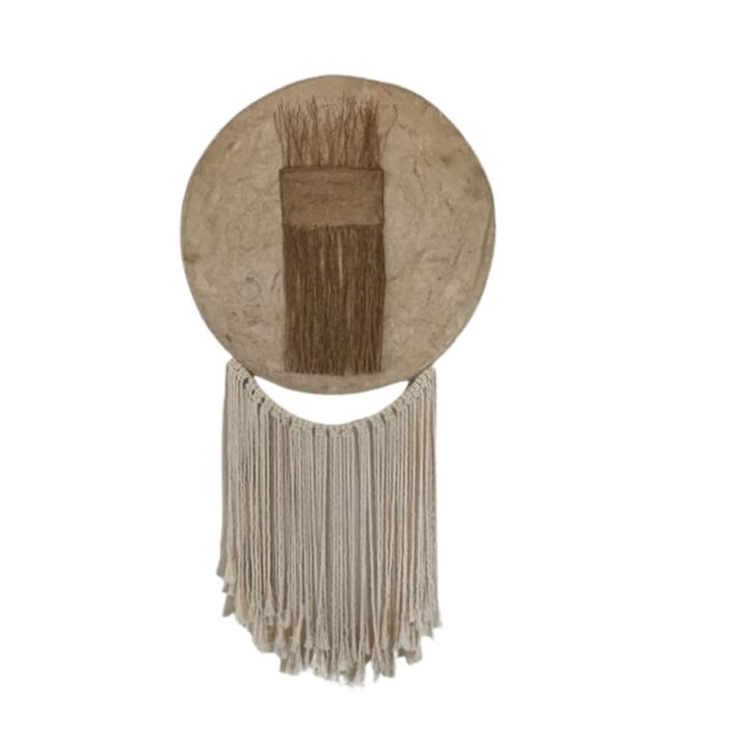 KIM. Round wall hanging. Fiber wall Art. Textile Art. Cotton and macrame Art. Bark tree paper Amate paper tapestry. Boho art home decor. From Mexico