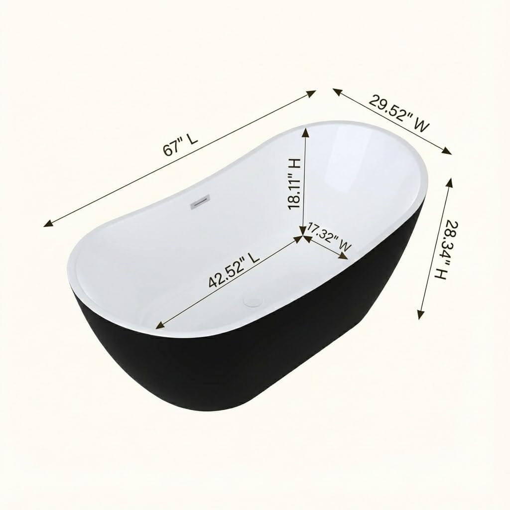 Acrylic Freestanding Bathtub, 67 Inch Modern Double End Shape Tub, White and Black, Deep Soaking Acrylic Bath Tub, Chrome Pop-Up Drain and Overflow, Contemporary Upright Stand Alone Tub