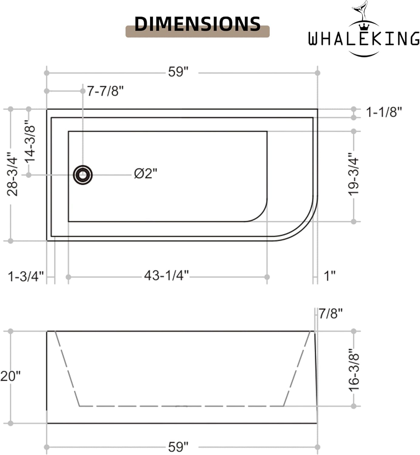 59 Inch Large Corner Bathtub with Pop-Up Left Hand Drain&Overflow