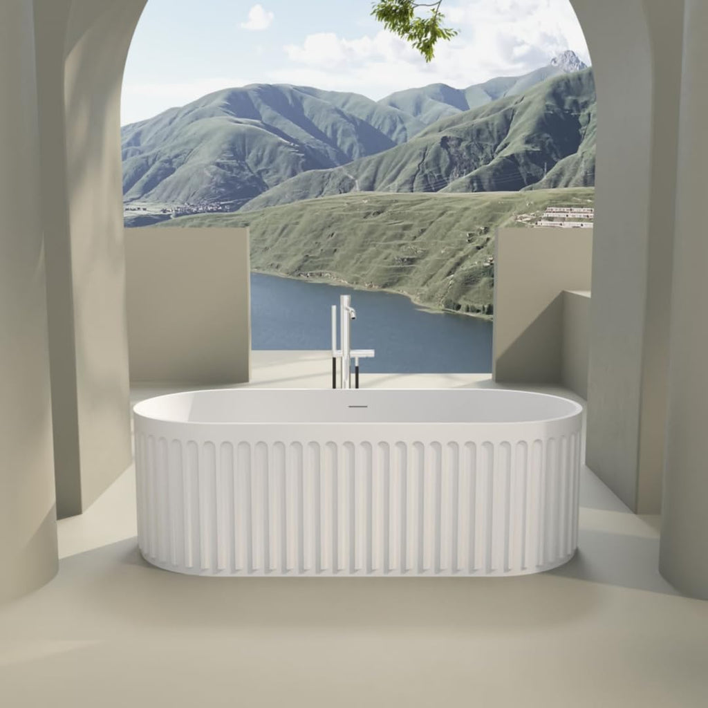 67' Freestanding Solid Bathtub, Luxury Engineered Stone Resin Freestanding Soaking Bathtub with Overflow and Pop up Drain, Matte White 23S13 67