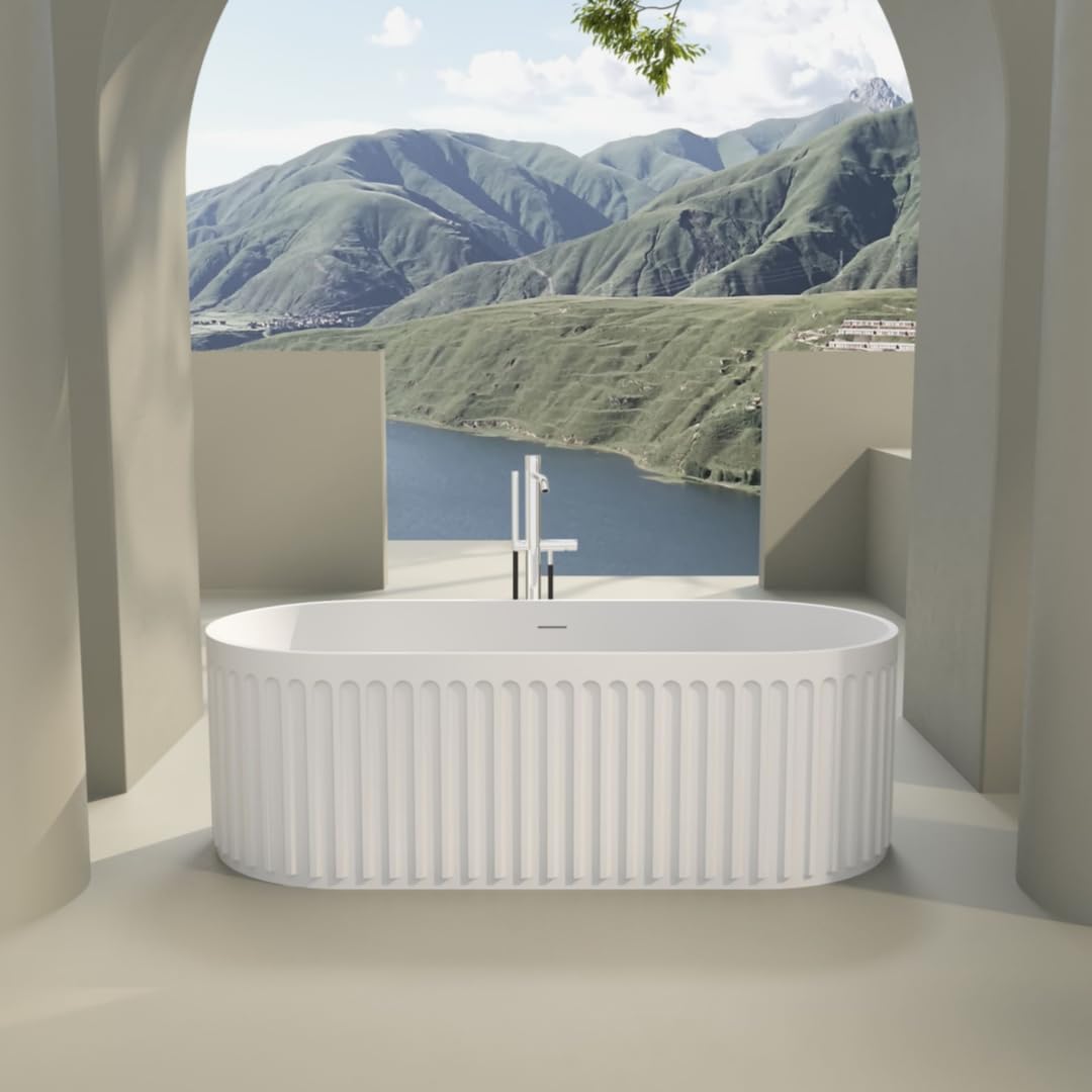 67' Freestanding Solid Bathtub, Luxury Engineered Stone Resin Freestanding Soaking Bathtub with Overflow and Pop up Drain, Matte White 23S13 67