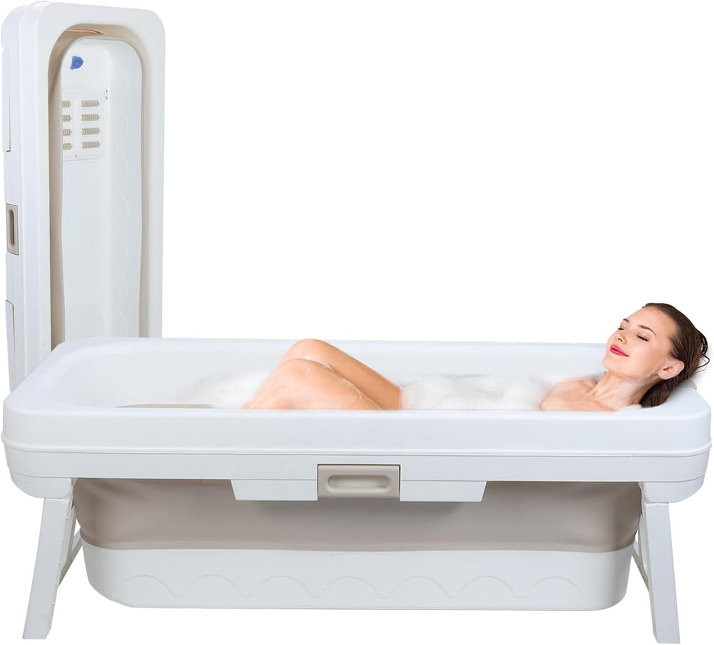 Portable Bathtub Free Standing Tub, Large Soaking Tub, Foldable Bathtub for Adults Bathtubs for Bathroom, Ice Bath, Sitz Bath, Freestanding Bathtubs with Massage Board, Adult Pool Beige 59 I