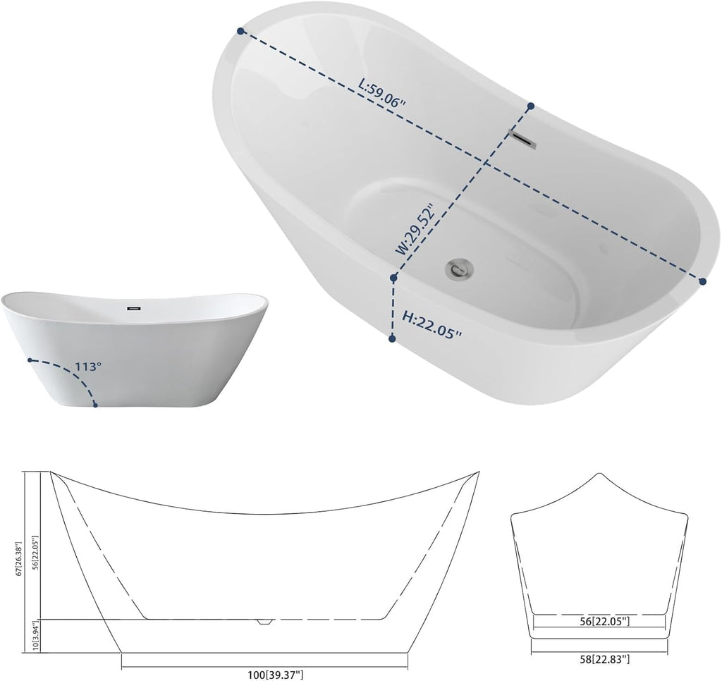 Sarlai 59 Inch Acrylic Freestanding Soaking Bathtub Contemporary Soaking White Tub Stand Alone Ergonomic Bathtub with Chrome Drain and Overflow