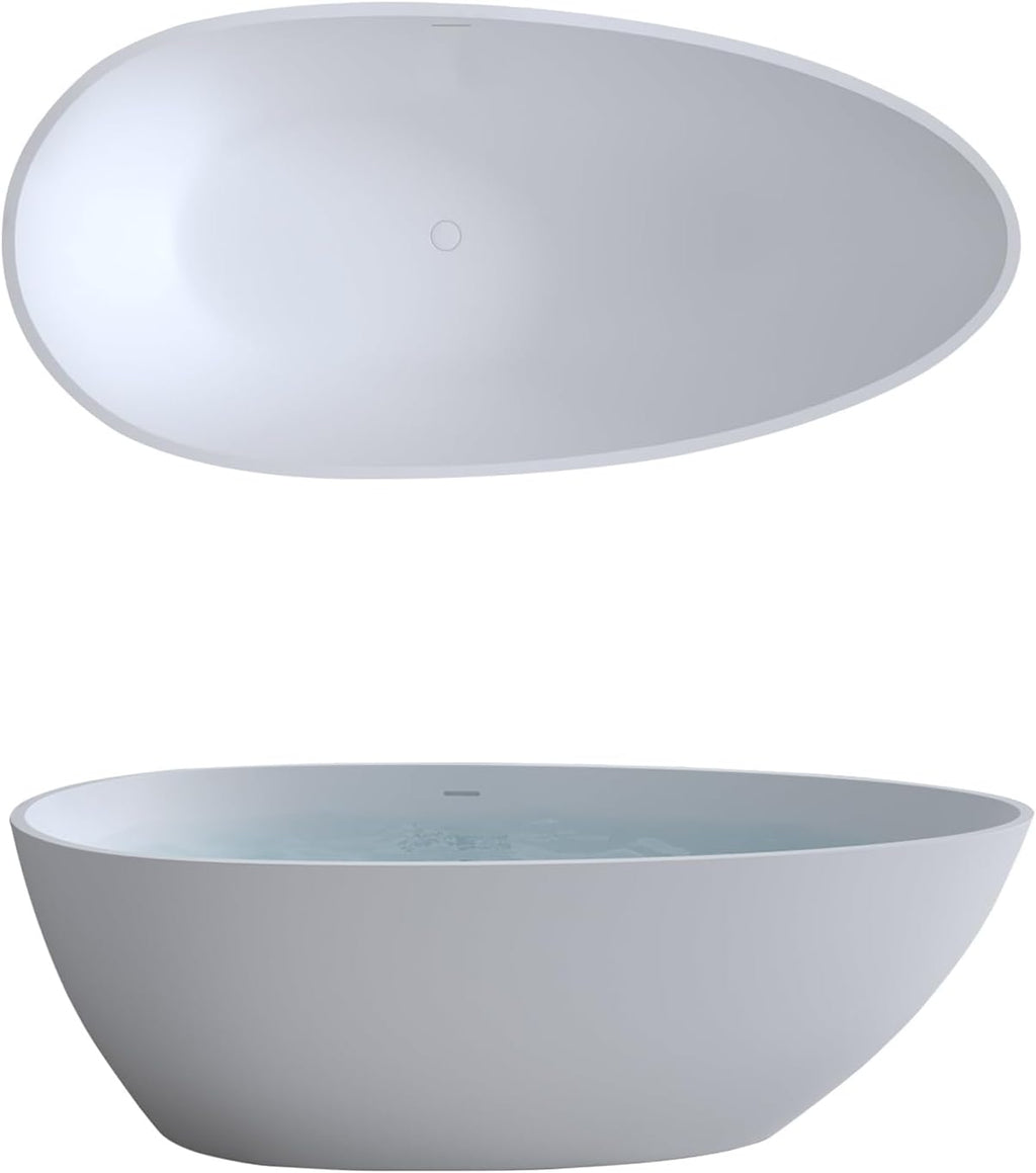 59' Bathtub Acrylic Solid Surface Soaking Tub Freestanding Resin Stone Matte White Stand Alone Tub with Overflow and Pop-Up Drain for Indoor Bathing