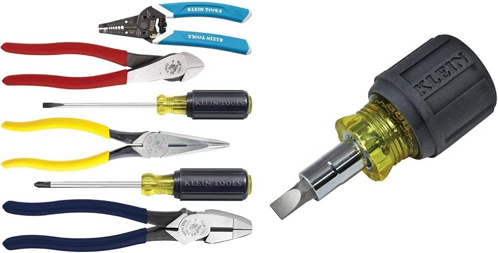 Klein Tools 80080 Hand Tool Kit includes 2 Screwdrivers, 3 Pliers, Wire Stripper and Cutter, for Electricians, 6-Piece & 32561 Multi-Bit Screwdriver/Nut Driver, 6-in-1 Stubby Screwdriver