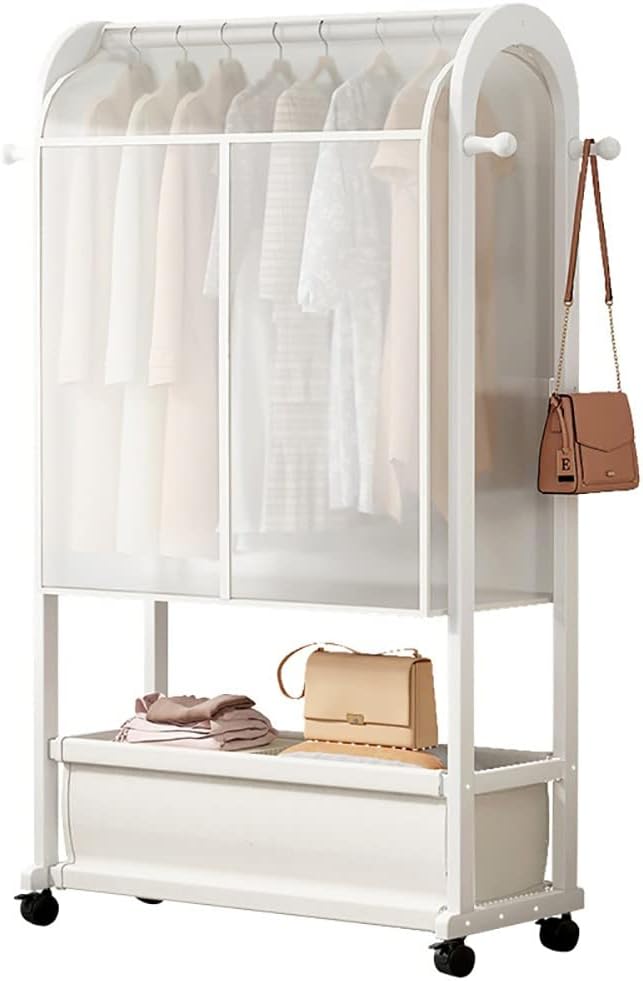Heavy Duty Clothes Rail with Wheels and Dust Cover, Bamboo Garment Rack with Shelves, for Bedroom Home (White 50x32x165cm)