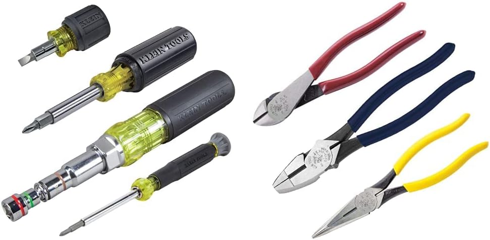 Klein Tools 80019 Tool Set, Multi-Bit Screwdriver and Nut Driver Tool Kit, 4-Piece & 80020 Tool Set with Lineman's Pliers, Diagonal Cutters, and Long Nose Pliers,3-Piece