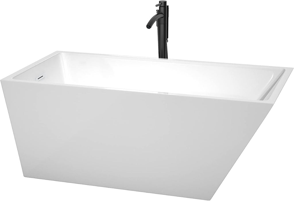 Hannah 59 Inch Freestanding Bathtub in White with Shiny White Trim and Floor Mounted Faucet in Matte Black