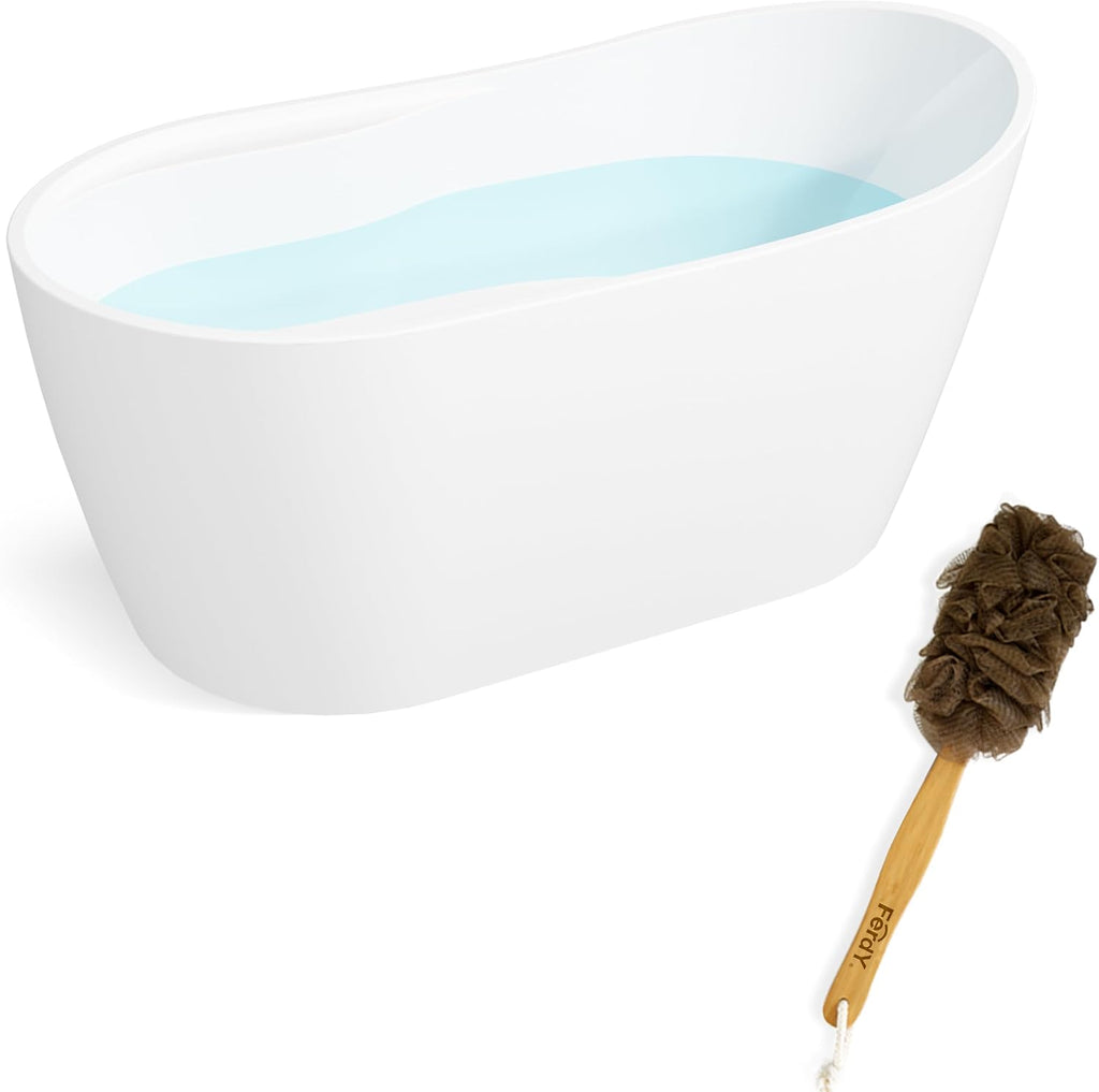 FerdY Lana'i 60' Freestanding Bathtub, Gracefully Shaped Freestanding Soaking tub, Glossy White, cUPC Certified, Brushed Nickel Drain &Back Scrubber for Shower,Long Handled Loofah on a Stick