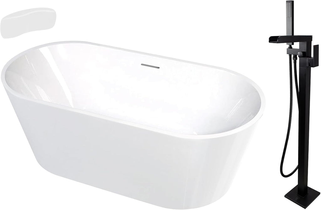 Transolid Maris 59 in. Freestanding Soaking Bathtub & Faucet Kit | 31 in. Wide Acrylic Tub + Matte Black Floor-Mount Tub Filler with Handshower | Center Drain | Gloss White | KF-AFTM5931-G31MB