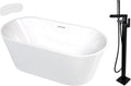 Transolid Maris 59 in. Freestanding Soaking Bathtub & Faucet Kit | 31 in. Wide Acrylic Tub + Matte Black Floor-Mount Tub Filler with Handshower | Center Drain | Gloss White | KF-AFTM5931-G31MB