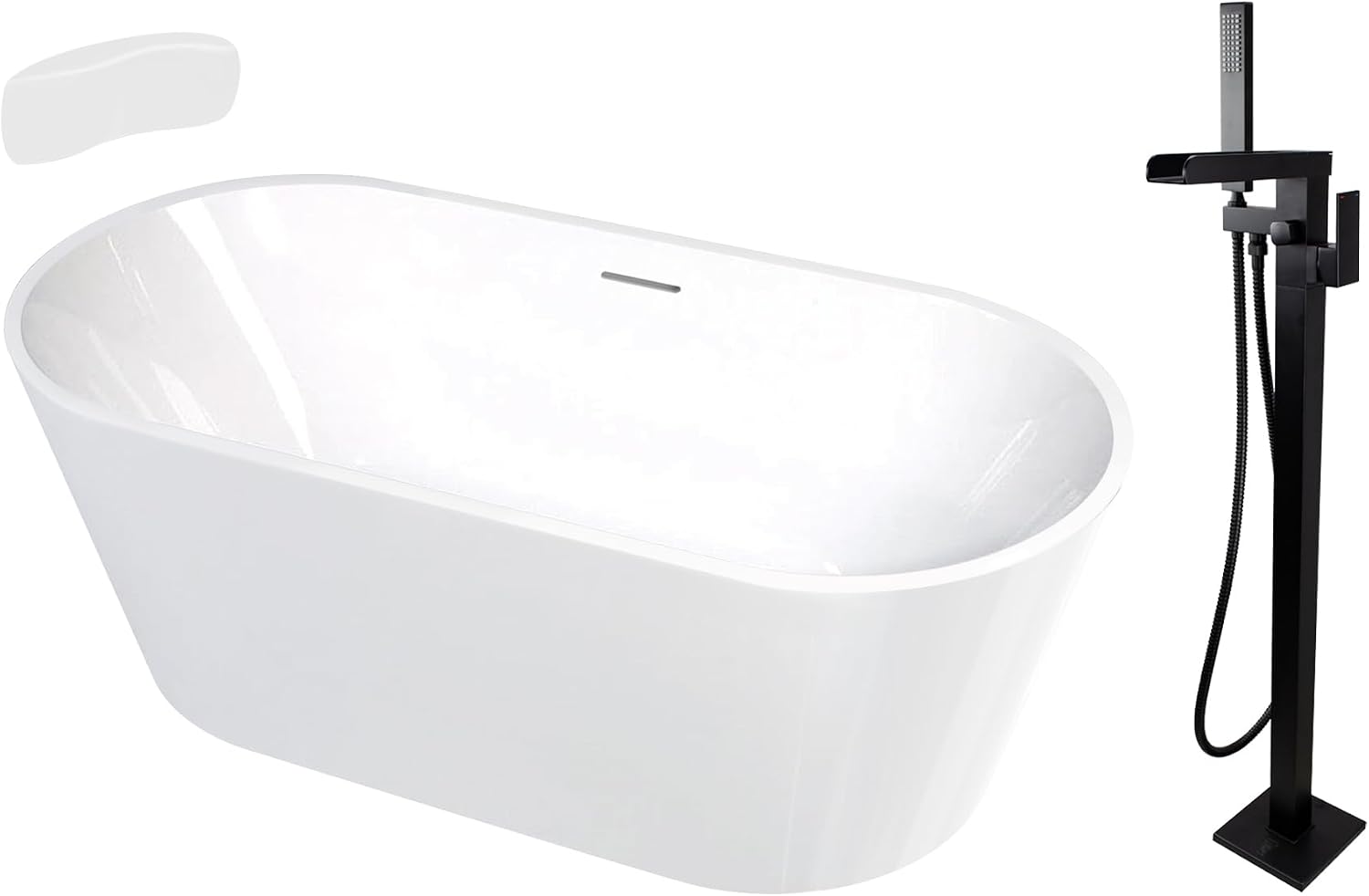 Transolid Maris 59 in. Freestanding Soaking Bathtub & Faucet Kit | 31 in. Wide Acrylic Tub + Matte Black Floor-Mount Tub Filler with Handshower | Center Drain | Gloss White | KF-AFTM5931-G31MB