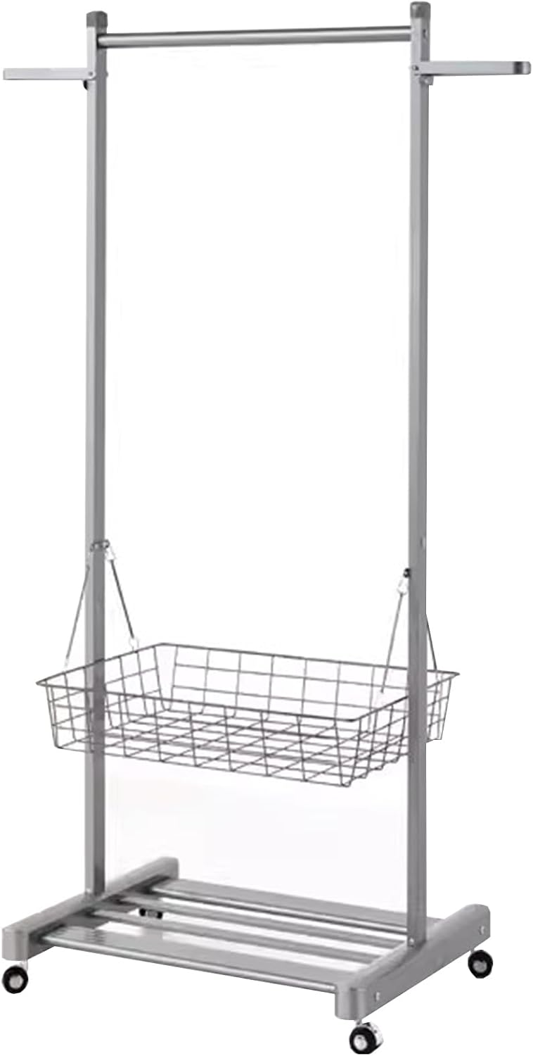Heavy Duty Coat Rack, Garment Rack Aluminum Alloy Clothes Rail On Wheel, Multifunctional Clothing Rack with 2 Foldable Hooks, Removable Storage Basket and Shelves, Space Saving Coat Rack