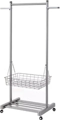 Heavy Duty Coat Rack, Garment Rack Aluminum Alloy Clothes Rail On Wheel, Multifunctional Clothing Rack with 2 Foldable Hooks, Removable Storage Basket and Shelves, Space Saving Coat Rack