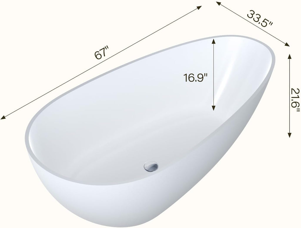 GarveeLife Freestanding Solid Surface Bathtub 67 Inch – Matte White Deep Soaking Tub, Contemporary Stone Stand Alone Bathtub with Smooth Ergonomic Design for Luxury Bathroom