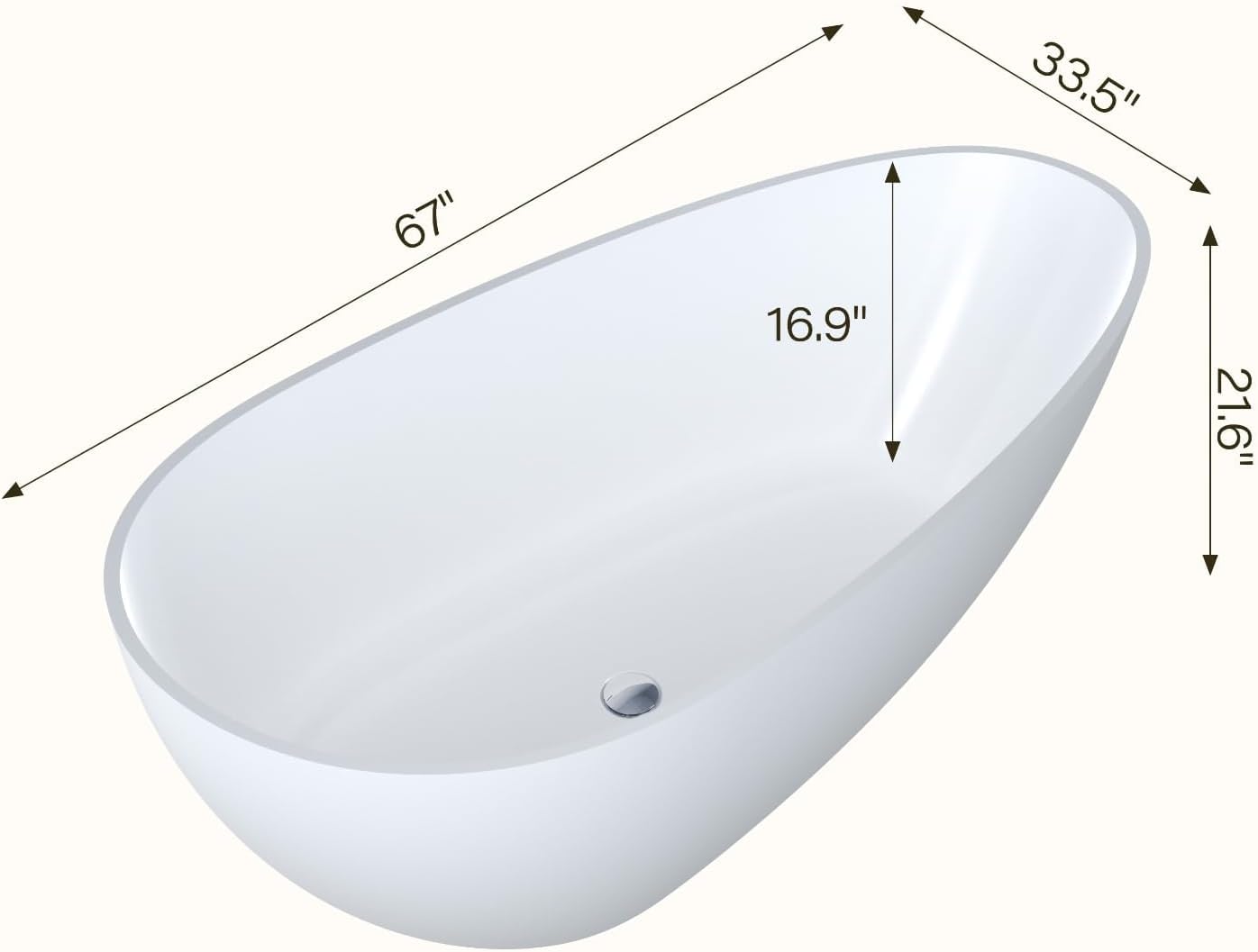 GarveeHome 67' Solid Surface Freestanding Bathtub, Egg Shell Shaped Stone Freestanding Tubs, Contemporary Oval Soaking Tub with Overflow and Pop-Up Drain, Matte White