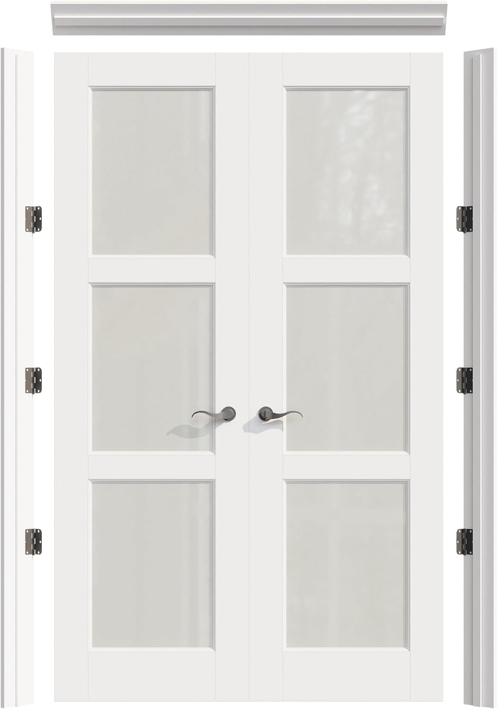 Prehung French Door 36' x 80' (2x18 in), Tempered Frosted Glass Door Slabs with Jamb, Black Hinges, 4 Levers & Latch, Solid Core Interior Door, Pre-Finished & Paintable, MDF Double Doors Interior