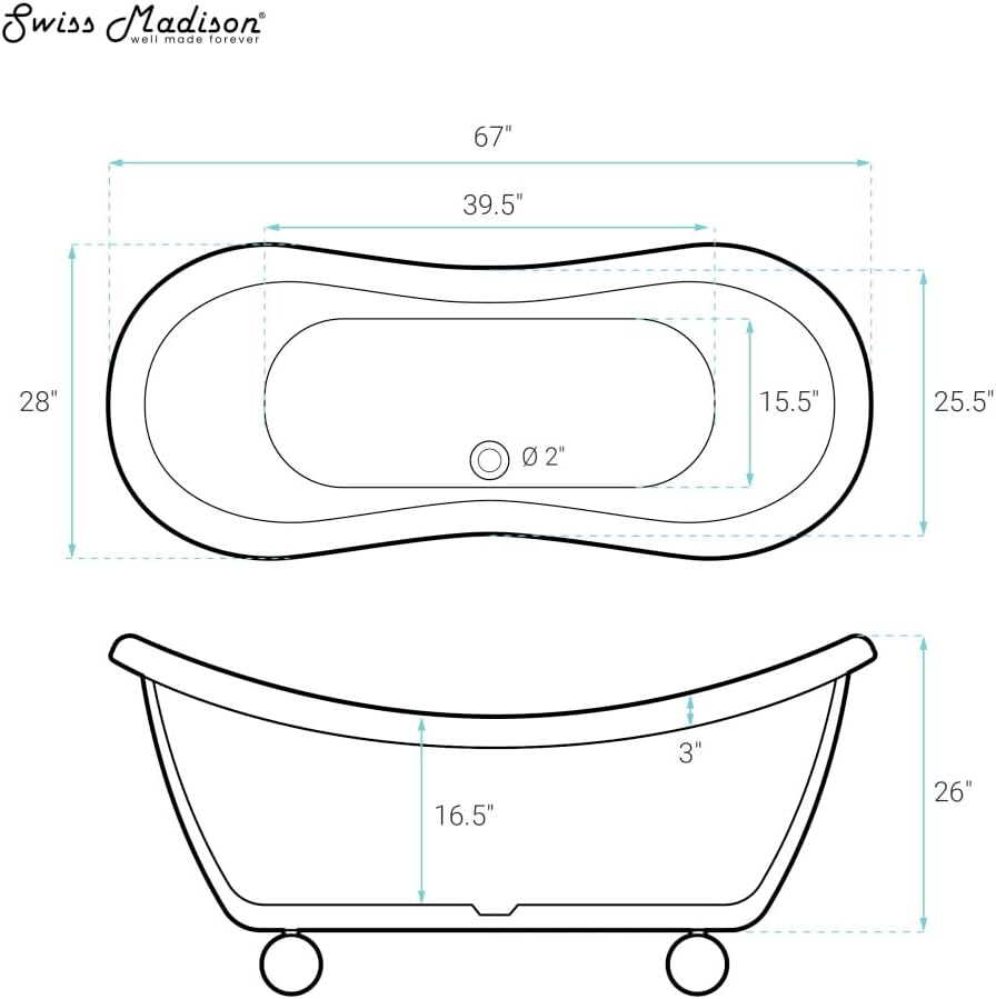 Swiss Madison Plaisir II 67' Freestanding Bathtub with Round Feet in Glossy White