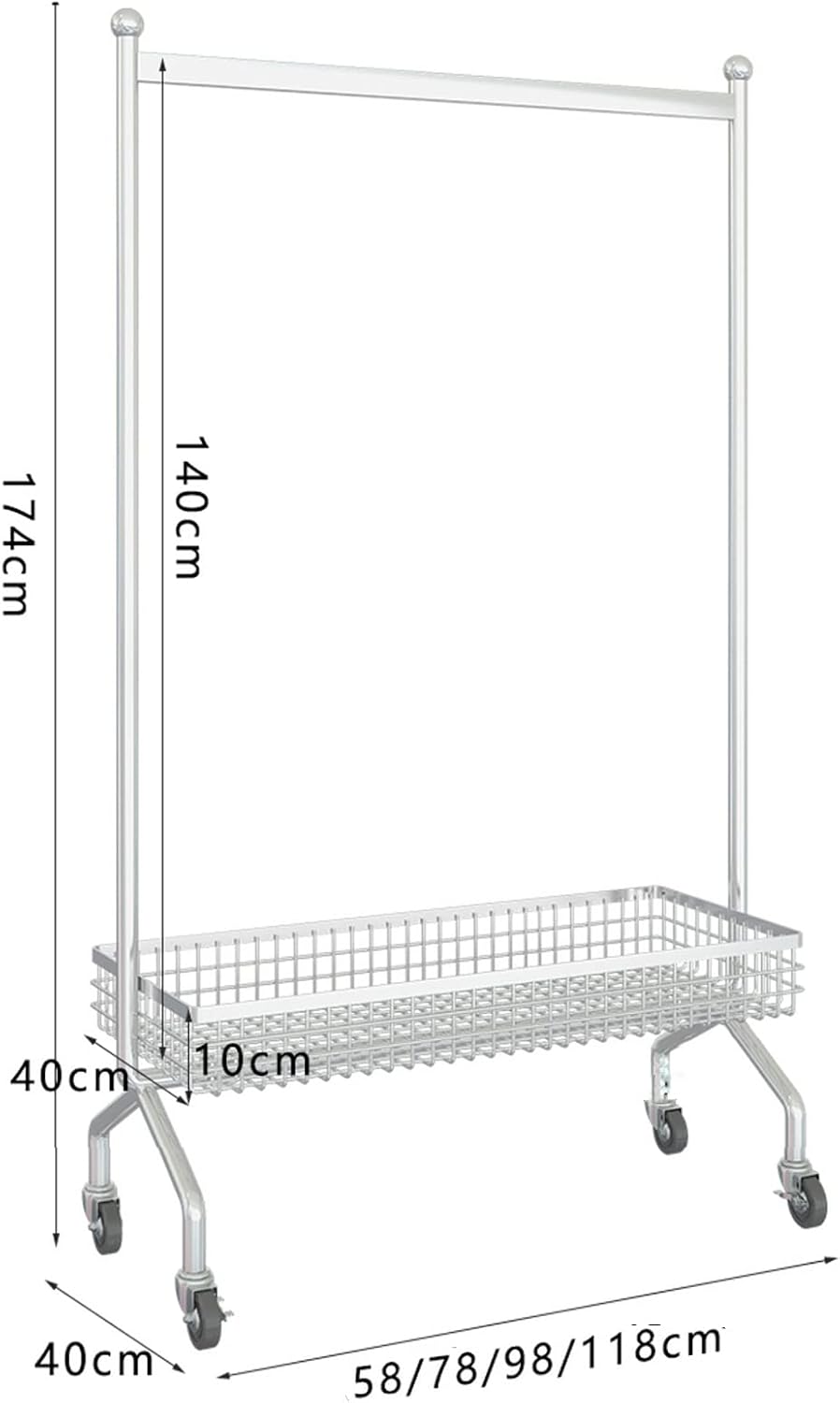 Heavy Duty Coat Rack, Garment Rack Silvery Metal Clothing Rack On Wheels Heavy Duty Garment Rack with Storage Basket Sturdy Clothes Rail for Hanging Clothes Space Saving Coat Rack for Bedroom (98X40