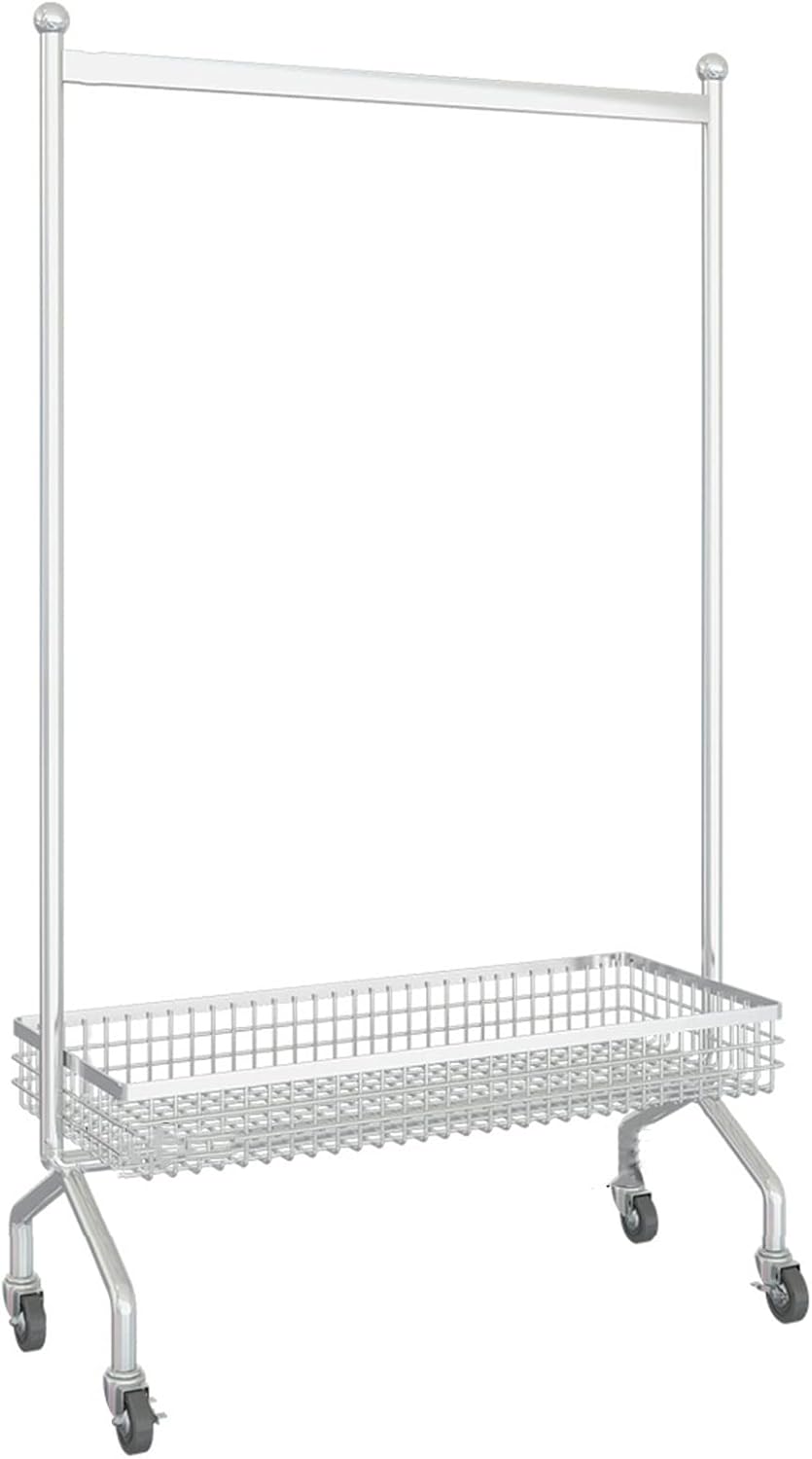 Heavy Duty Coat Rack, Garment Rack Silvery Metal Clothing Rack On Wheels Heavy Duty Garment Rack with Storage Basket Sturdy Clothes Rail for Hanging Clothes Space Saving Coat Rack for Bedroom (98X40