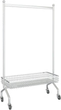 Heavy Duty Coat Rack, Garment Rack Silvery Metal Clothing Rack On Wheels Heavy Duty Garment Rack with Storage Basket Sturdy Clothes Rail for Hanging Clothes Space Saving Coat Rack for Bedroom (98X40